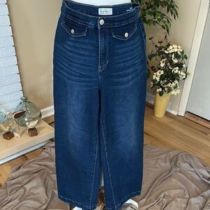 Blue Flare Wide Leg Jeans with High-Rise Waist